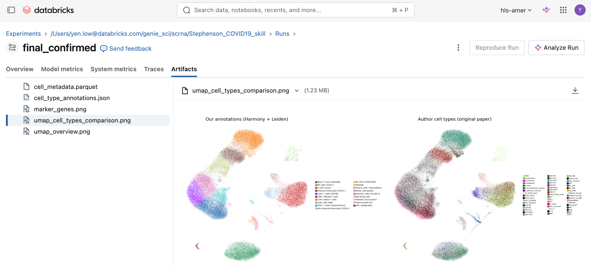 UMAP cell-type comparison logged to an MLflow experiment